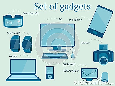 Set of modern gadgets design including laptop, pc, mp3 player Vector Illustration