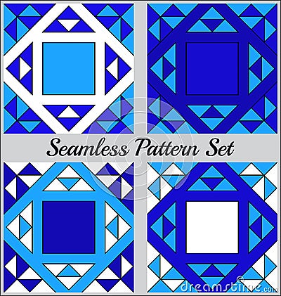 Set of 4 modern geometric seamless patterns with triangles and squares of blue and white shades Vector Illustration