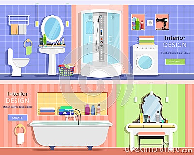 Set of modern graphic bathroom interiors: bath, showers cabin, washbasin, mirror, toilet, dressing table. Vector Illustration