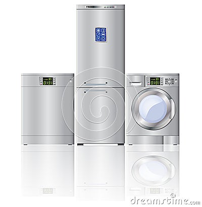 Set of modern household appliances. Refrigerator, dishwasher and washer. Vector Illustration