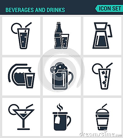 Set of modern icons. Beverages and drinks shake, martini, bottle, bar, cocktail, alcohol, glass, soda, juice drink Black Stock Photo