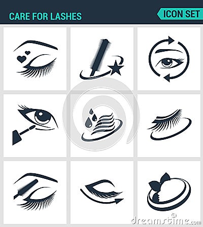 Set of modern icons. Care for lashes cosmetics, eyes, eyebrows, eyelashes, pencil, eyeliner, mascara. Black signs Stock Photo