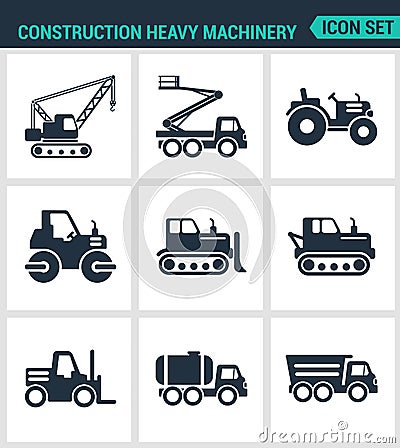 Set of modern icons. Construction heavy machinery tractor, lift, crane, roller, bulldozer, dump truck, barrel. Black signs Stock Photo