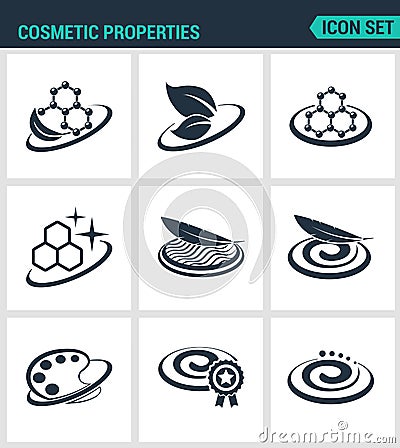 Set of modern icons. Cosmetic properties formula, lightness, softness, texture, color, improved. Black signs Stock Photo