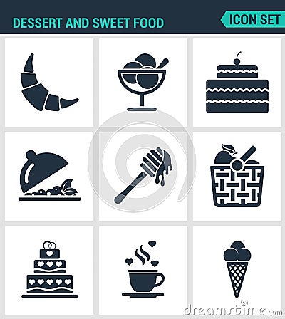 Set of modern icons. Dessert and sweet food croissant, dessert, cake, fruit salad, honey, apple, basket, coffee, ice creams Stock Photo