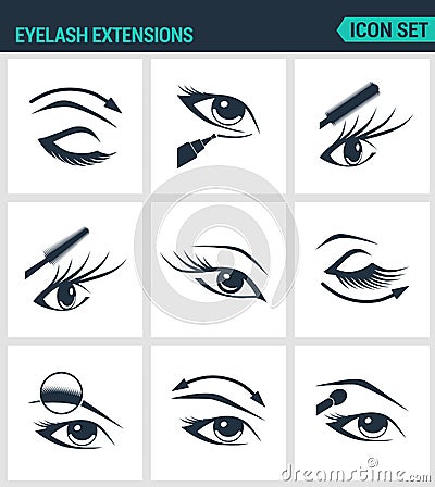 Set of modern icons. Eyelash extensions eyelashes, eyes, mascara, eye shadow, eyebrow, eyeliner, increase. Black signs Stock Photo