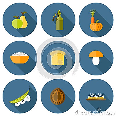 Set of modern icons in flat shadow style on vegan Vector Illustration