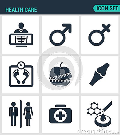 Set of modern icons. Health Care rengen woman, Man, weight, apple, joints, first aid kit, laboratory. Black signs Stock Photo