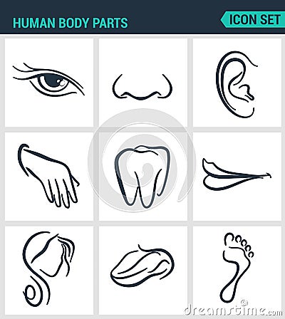 Set of modern icons. Human body parts eyes nose, ear, hand, teeth, mouth, head, tongue, foot. Black signs Stock Photo