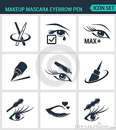 Set of modern icons. Makeup mascara eyebrow pen Care for lashes, eyeliner, mascara, pencil. Black signs Stock Photo