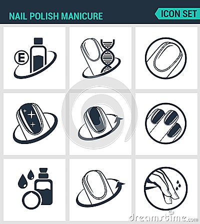 Set of modern icons. Nail polish manicure, care, shine. Black signs on a white background. Design isolated symbols Stock Photo
