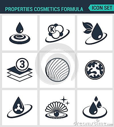 Set of modern icons. Properties cosmetics formula Beauty . Black signs on a white background. Design isolated symbols Stock Photo