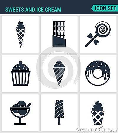 Set of modern icons. Sweets and ice cream ice creams, chocolate, candy, cake, Donuts, dessert, popsicle. Black signs Stock Photo