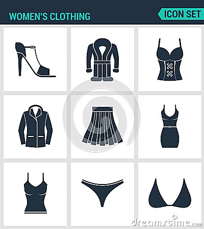 Set of modern icons. Women s clothing shoes, coat, jacket, coat, skirt, dress, t-shirt, swimming trunks, brassiere Black Stock Photo