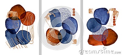 Set of Modern illustration with watercolor circles, stains, gold lines, powder, brush strokes. Blue, brown transparent circles for Cartoon Illustration