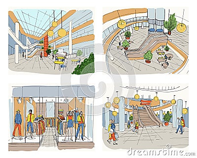 Set of modern interior shopping center. Collection various space mall. Colorful sketch illustration. Vector Illustration