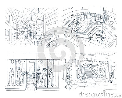 Set of modern interior shopping center. Collection various space mall. Contour sketch illustration. Vector Illustration