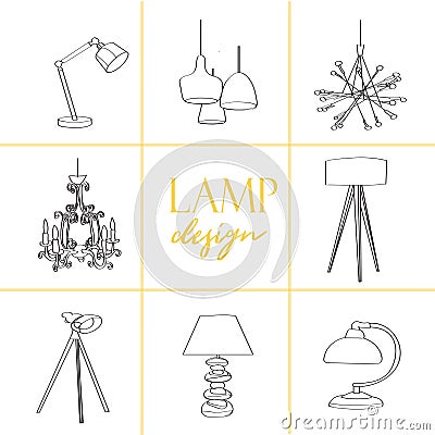 Industrial style lamps collection. vector illustration. web site banner. online shop logo advert. interior design. loft style. des Vector Illustration