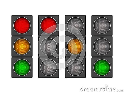 Set of 4 modern led traffic light with different sequence of switching-on red, yellow, green lights. Stock Photo