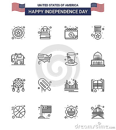 Set of 16 Modern Lines pack on USA Independence Day usa; elephent; calendar; military; badge Vector Illustration