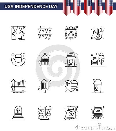 Set of 16 Modern Lines pack on USA Independence Day hat; american; security; chips; food Vector Illustration