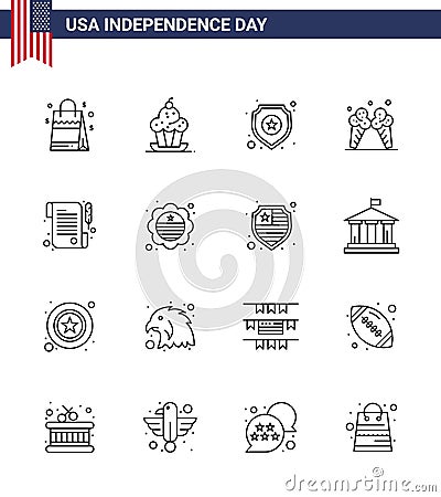 Set of 16 Modern Lines pack on USA Independence Day paper; cream; thanksgiving; ice; sign Vector Illustration