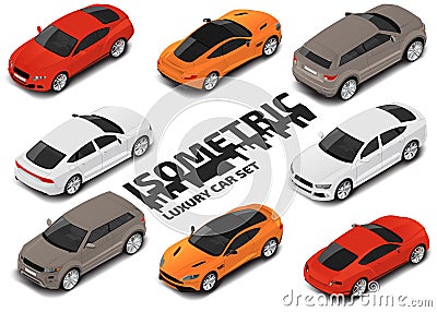 Set of Modern luxury cars. Vector isometric high quality city transport icon set. Vector Illustration