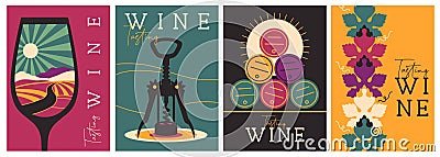 Set of modern magazine covers or posters with wine glass, corkscrew and barrels. Restaurant menu design. Vector Illustration