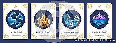 Set of Modern magic witchcraft cards with cartoon four elements. Vector Illustration