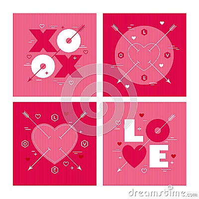 Set of 4 modern minimalist geometric Valentines Day designs. Love, hearts, oxox with cupid arrows. Vector Illustration