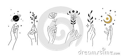 Set of modern minimalistic tattoos in boho design. Magical drawing of hands and flowers, plants, planets, moon. Modern Vector Illustration