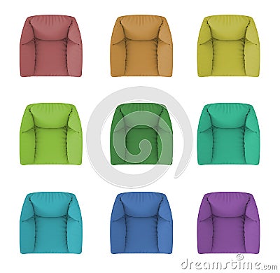 Set of 9 modern monochrome and colored armchair, isolated on white background, above, plan, top view, contemporary furniture Stock Photo