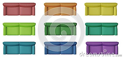 Set of 9 modern monochrome and colored sofa, isolated on white background, above, plan, top view, contemporary furniture concept Stock Photo
