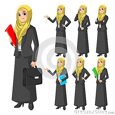 Set of Modern Muslim Businesswoman Wearing Yellow Veil or Scarf Vector Illustration