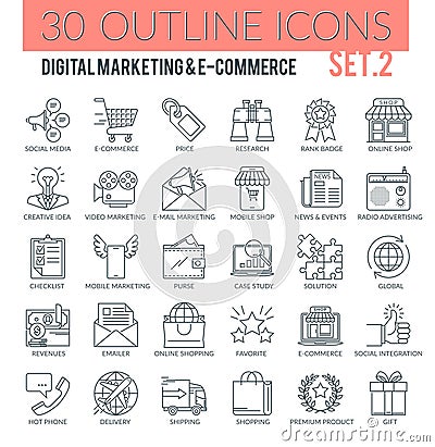 Digital Marketing and E-commerce Outline Icons Vector Illustration