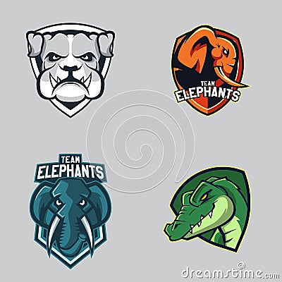 Set of modern professional logo for sport team. Bulldogs elephants alligators mascot Vector symbol on a dark background Vector Illustration