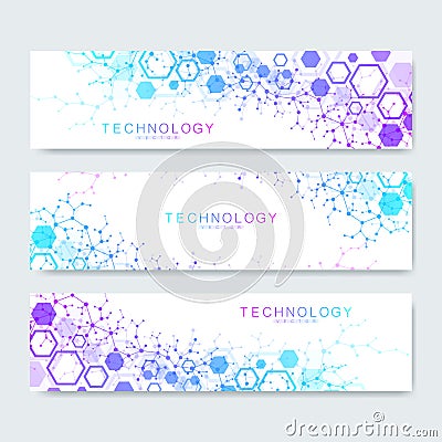 Set of modern scientific banners. Modern futuristic virtual abstract background molecule structure for medical Vector Illustration