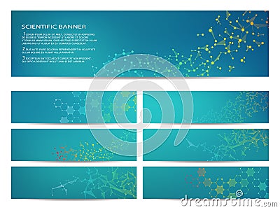 Set of modern scientific banners. Molecule structure DNA and neurons. Abstract background. Medicine, science, technology Vector Illustration