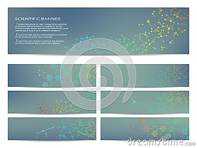 Set of modern scientific banners. Molecule structure DNA and neurons. Abstract background. Medicine, science, technology Vector Illustration