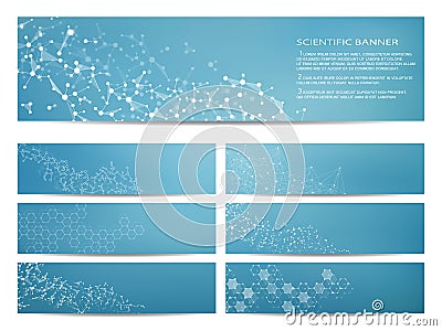 Set of modern scientific banners. Molecule structure DNA and neurons. Abstract background. Medicine, science, technology Vector Illustration