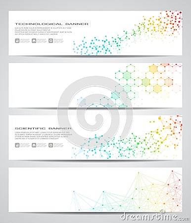 Set of modern scientific banners. Molecule structure DNA and neurons. Abstract background. Medicine, science, technology Vector Illustration