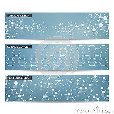 Set of modern scientific banners. Molecule structure DNA and neurons. Abstract background. Medicine, science, technology Vector Illustration