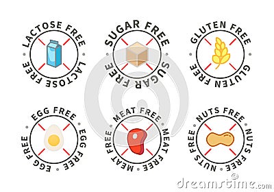 Set of modern simple food icons, lactose free, sugar free, nuts free, egg free, meat free, gluten free on white Vector Illustration