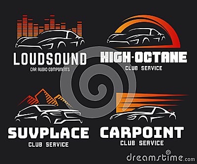 Set of modern sports car and SUV logo and emblems. Vector Illustration