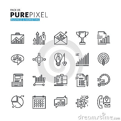 Set of modern thin line pixel perfect icons of business and marketing Vector Illustration