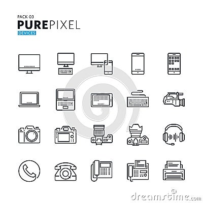 Set of modern thin line pixel perfect icons of electronic devices Vector Illustration