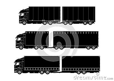 Set of modern truck silhouettes with close-coupled trailer. Vector Illustration