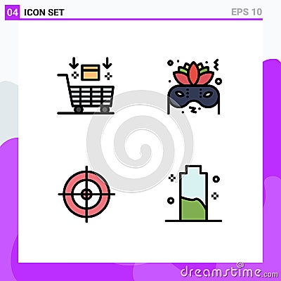 Set of 4 Modern UI Icons Symbols Signs for ai, shooting board, shopping, night, battery Vector Illustration