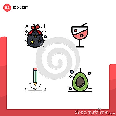 Set of 4 Modern UI Icons Symbols Signs for bag, design, gift, fruit juice glass, graphic Vector Illustration