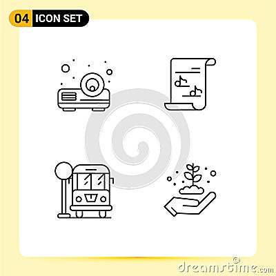 Set of 4 Modern UI Icons Symbols Signs for beamer, bus stop, file, playlist, ecology Vector Illustration